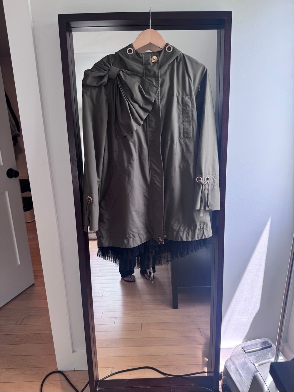 RED Valentino Olive Green Hooded Trench Coat with Bow and Tulle Detail